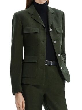 Theory Virgin Wool Military Jacket Size 2 Green Structured Blazer Shoulder Pads